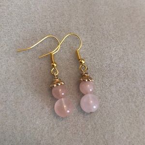 Gold earrings with rose quartz bead and gold charm